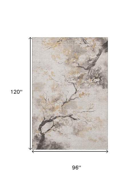 8' X 10' Beige Gold And Charcoal Floral Washable Area Rug With UV Protection