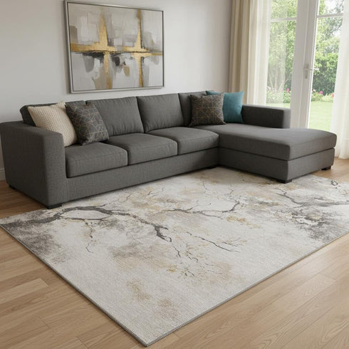 8' X 10' Beige Gold And Charcoal Floral Washable Area Rug With UV Protection