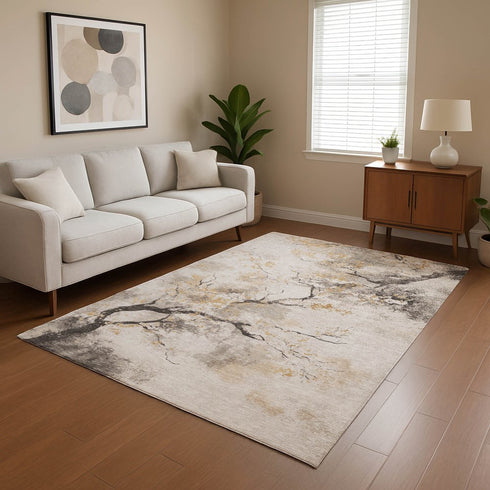 8' X 10' Beige Gold And Charcoal Floral Washable Area Rug With UV Protection