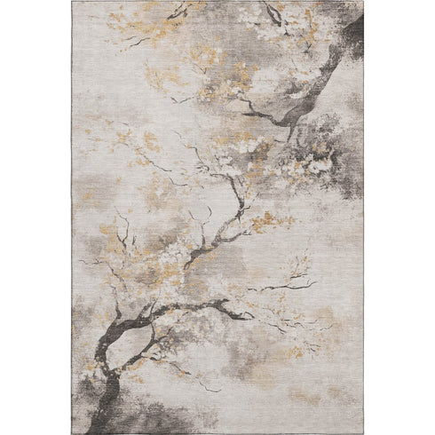 8' X 10' Beige Gold And Charcoal Floral Washable Area Rug With UV Protection