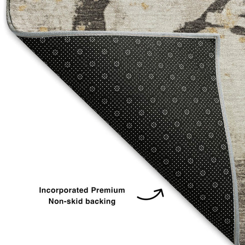 8' X 10' Beige Gold And Charcoal Floral Washable Area Rug With UV Protection