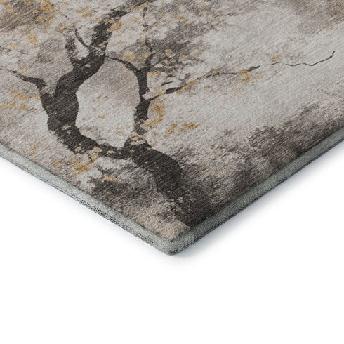 8' X 10' Beige Gold And Charcoal Floral Washable Area Rug With UV Protection