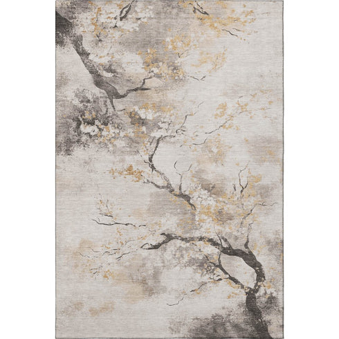 8' X 10' Beige Gold And Charcoal Floral Washable Area Rug With UV Protection