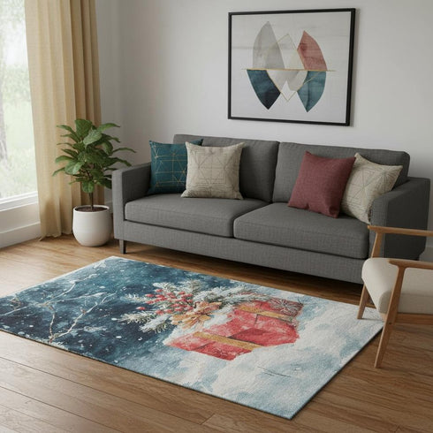 5' X 8' Blue Red And Ivory Geometric Washable Area Rug With UV Protection