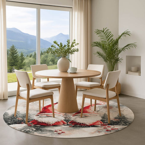 8' Ivory Red And Gray Floral Washable Round Rug With UV Protection