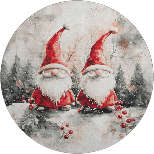 8' Ivory Red And Gray Floral Washable Round Rug With UV Protection