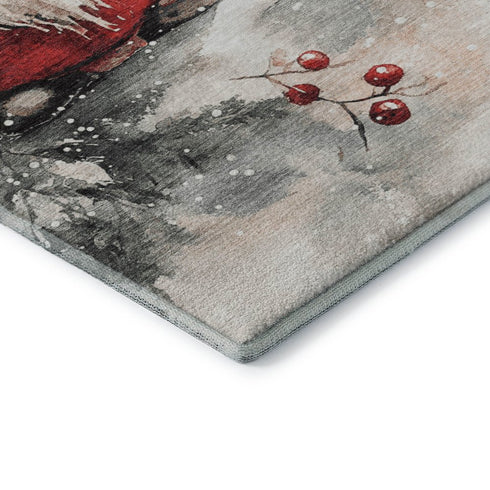 8' Ivory Red And Gray Floral Washable Round Rug With UV Protection