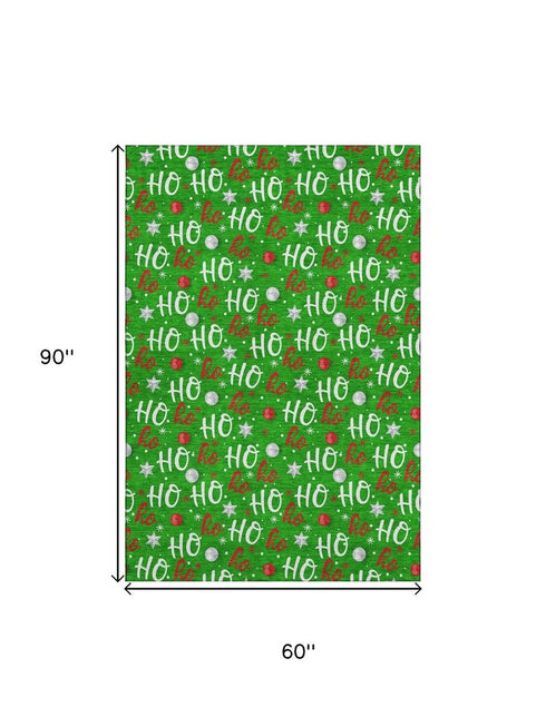 5' X 8' Green Red And Silver Polka Dot Washable Area Rug With UV Protection