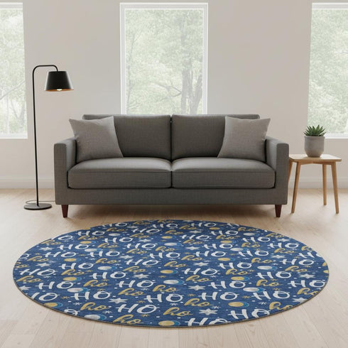 8' Navy Blue White And Gold Polka Dot Washable Round Rug With UV Protection