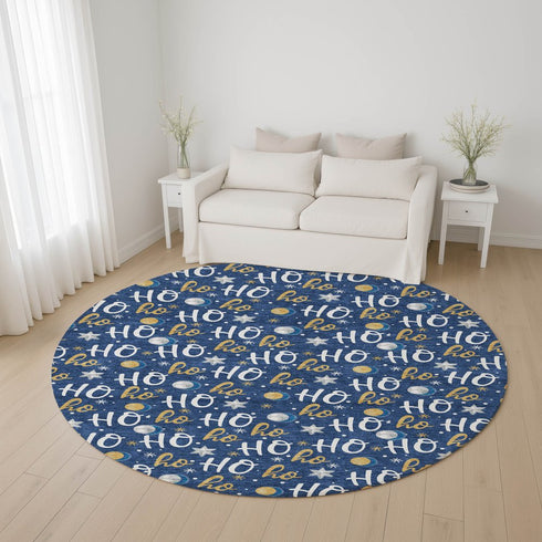 8' Navy Blue White And Gold Polka Dot Washable Round Rug With UV Protection