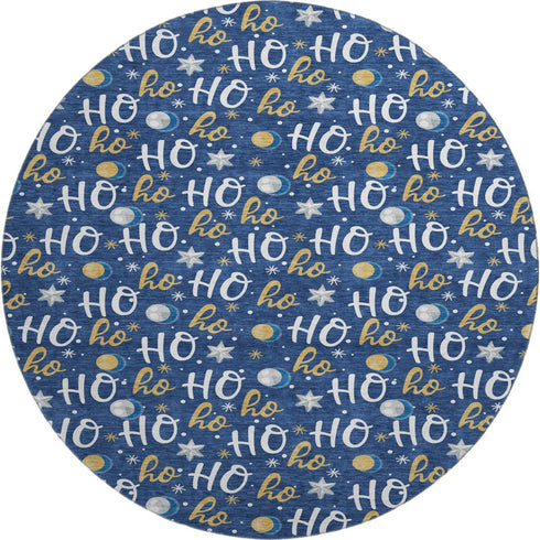 8' Navy Blue White And Gold Polka Dot Washable Round Rug With UV Protection
