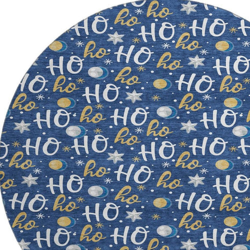 8' Navy Blue White And Gold Polka Dot Washable Round Rug With UV Protection