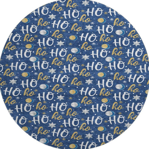 8' Navy Blue White And Gold Polka Dot Washable Round Rug With UV Protection