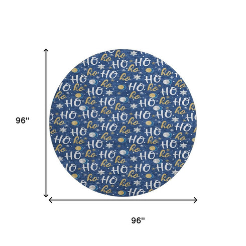 8' Navy Blue White And Gold Polka Dot Washable Round Rug With UV Protection