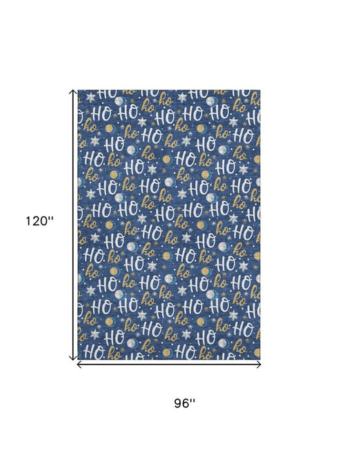 8' X 10' Navy Blue White And Gold Polka Dot Washable Area Rug With UV Protection