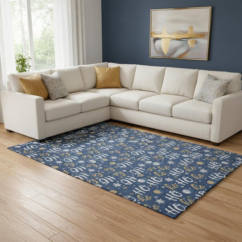8' X 10' Navy Blue White And Gold Polka Dot Washable Area Rug With UV Protection