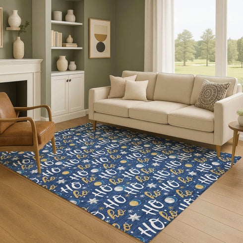 8' X 10' Navy Blue White And Gold Polka Dot Washable Area Rug With UV Protection