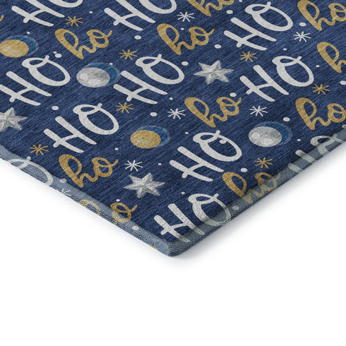 8' X 10' Navy Blue White And Gold Polka Dot Washable Area Rug With UV Protection