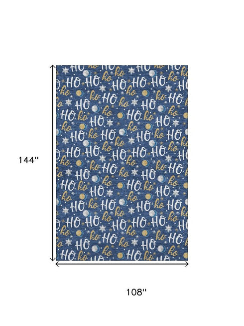 9' X 12' Navy Blue White And Gold Polka Dot Washable Area Rug With UV Protection