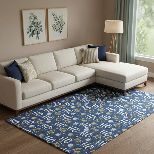 9' X 12' Navy Blue White And Gold Polka Dot Washable Area Rug With UV Protection
