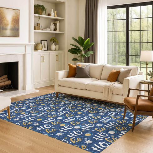 9' X 12' Navy Blue White And Gold Polka Dot Washable Area Rug With UV Protection