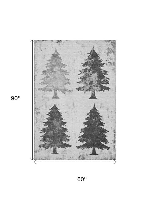 5' X 8' Gray And Charcoal Floral Washable Area Rug With UV Protection