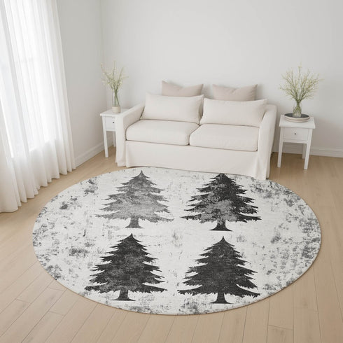 8' Gray And Charcoal Floral Washable Round Rug With UV Protection