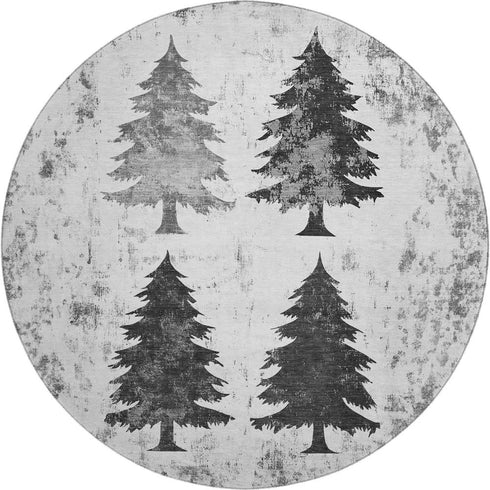 8' Gray And Charcoal Floral Washable Round Rug With UV Protection