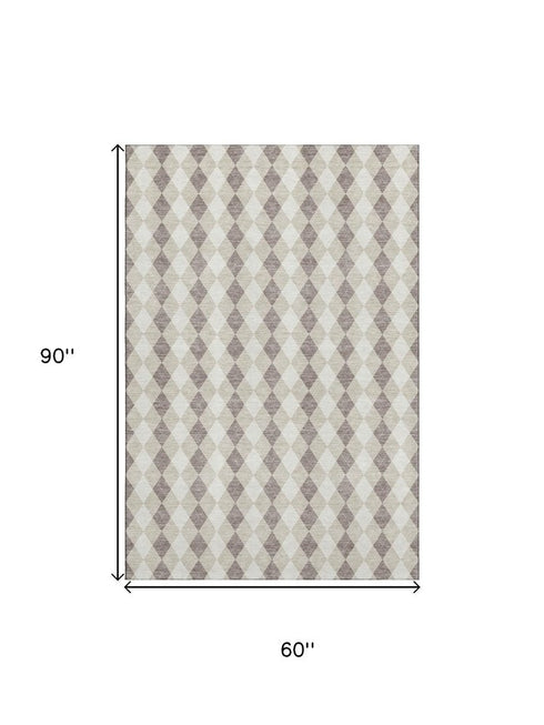 5' X 8' Beige Taupe And Ivory Geometric Washable Area Rug With UV Protection