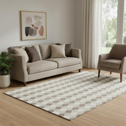 5' X 8' Beige Taupe And Ivory Geometric Washable Area Rug With UV Protection