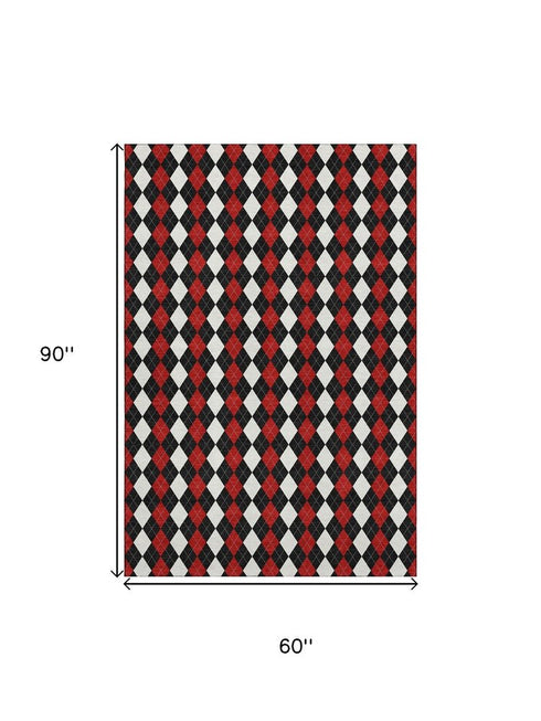 5' X 8' Black Red And White Geometric Washable Area Rug With UV Protection