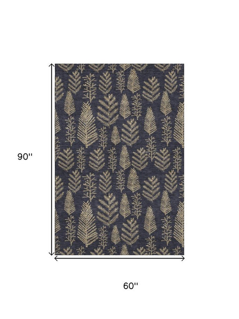 5' X 8' Black And Gold Floral Washable Area Rug With UV Protection