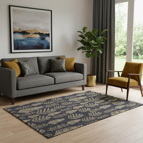 5' X 8' Black And Gold Floral Washable Area Rug With UV Protection