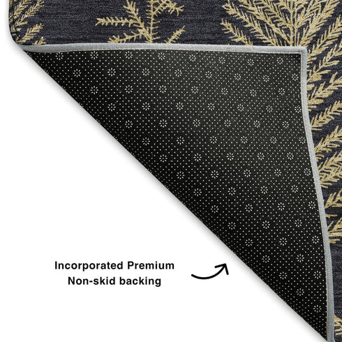 5' X 8' Black And Gold Floral Washable Area Rug With UV Protection