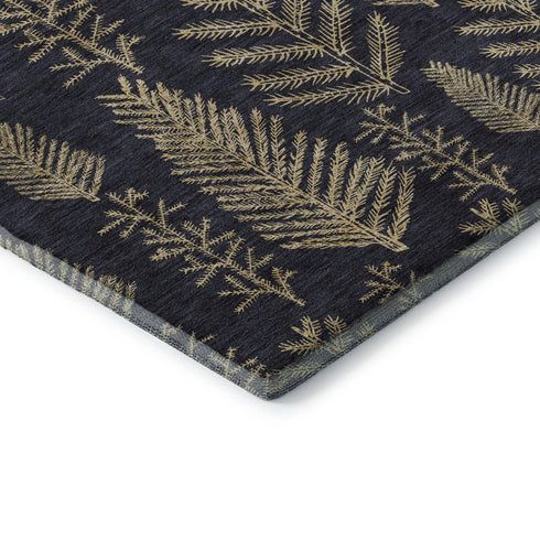 5' X 8' Black And Gold Floral Washable Area Rug With UV Protection