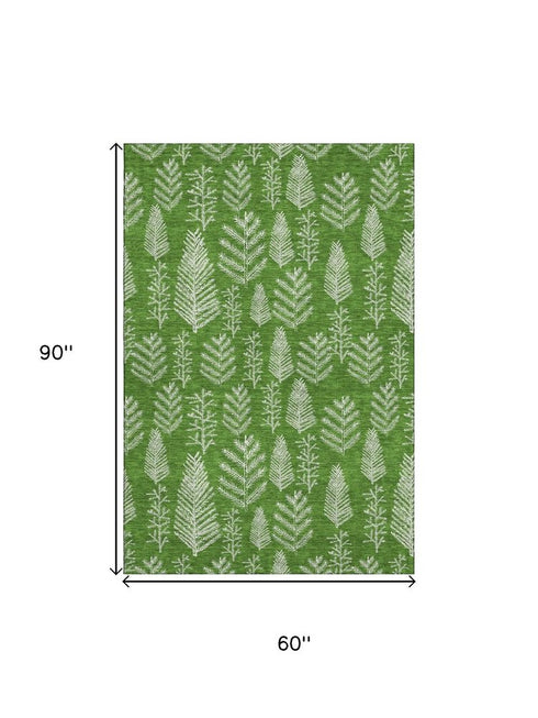 5' X 8' Green And Ivory Floral Washable Area Rug With UV Protection