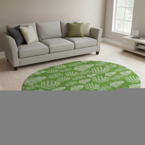 8' Green And Ivory Floral Washable Round Rug With UV Protection