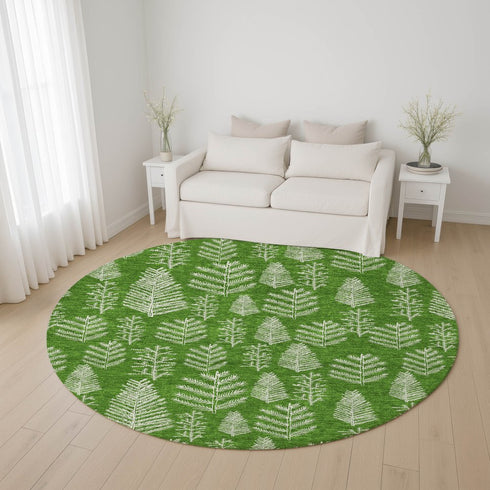 8' Green And Ivory Floral Washable Round Rug With UV Protection