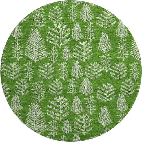 8' Green And Ivory Floral Washable Round Rug With UV Protection