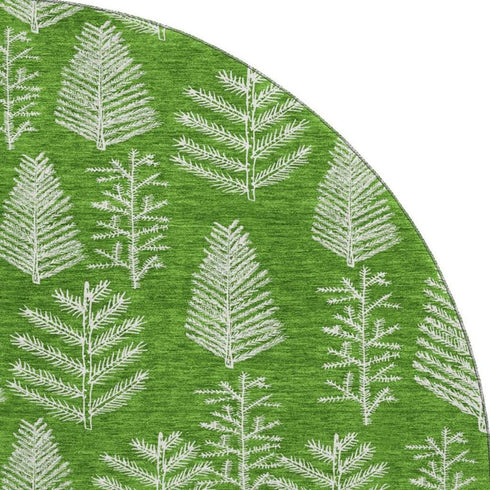 8' Green And Ivory Floral Washable Round Rug With UV Protection