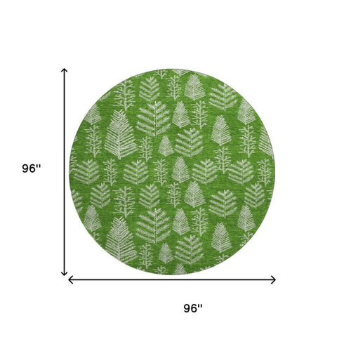 8' Green And Ivory Floral Washable Round Rug With UV Protection