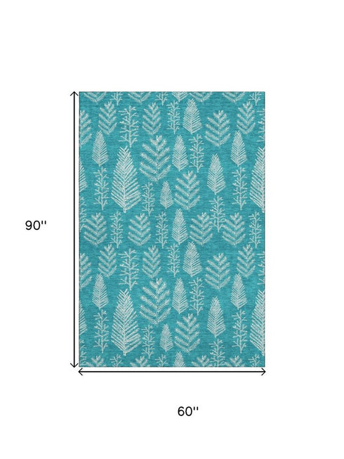 5' X 8' Teal And Ivory Floral Washable Area Rug With UV Protection
