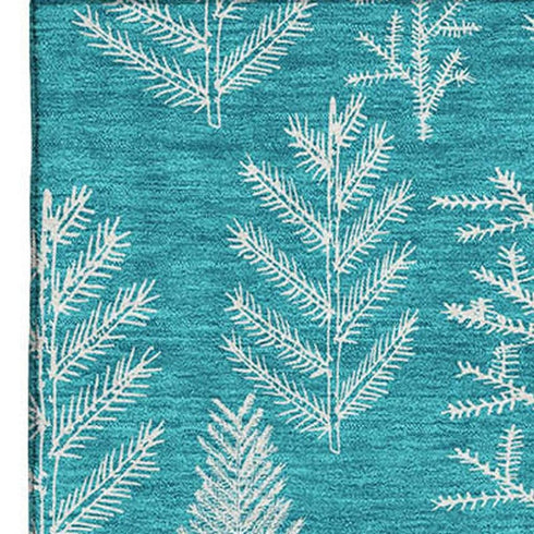 5' X 8' Teal And Ivory Floral Washable Area Rug With UV Protection