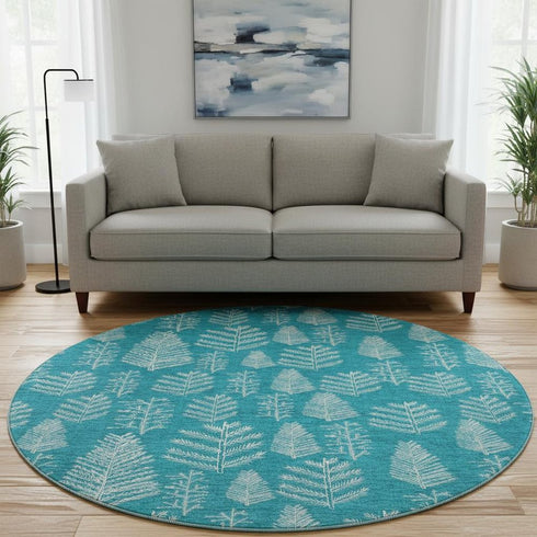 8' Teal And Ivory Floral Washable Round Rug With UV Protection