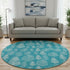 8' Teal And Ivory Floral Washable Round Rug With UV Protection
