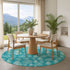 8' Teal And Ivory Floral Washable Round Rug With UV Protection