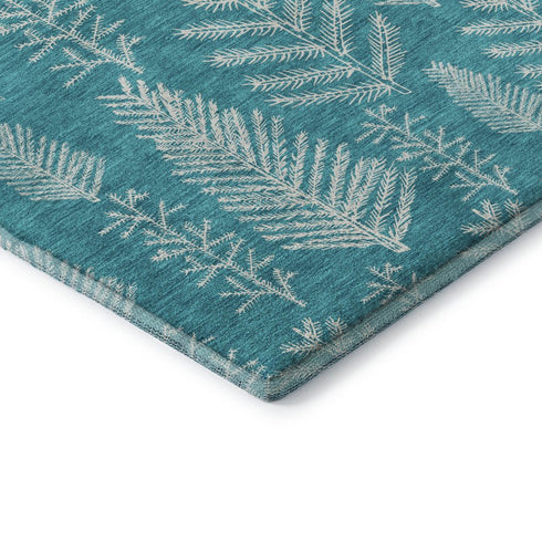 8' Teal And Ivory Floral Washable Round Rug With UV Protection
