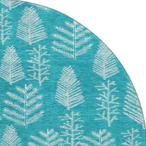 8' Teal And Ivory Floral Washable Round Rug With UV Protection