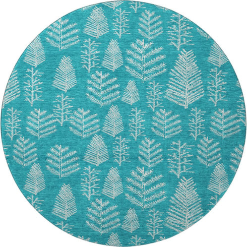 8' Teal And Ivory Floral Washable Round Rug With UV Protection