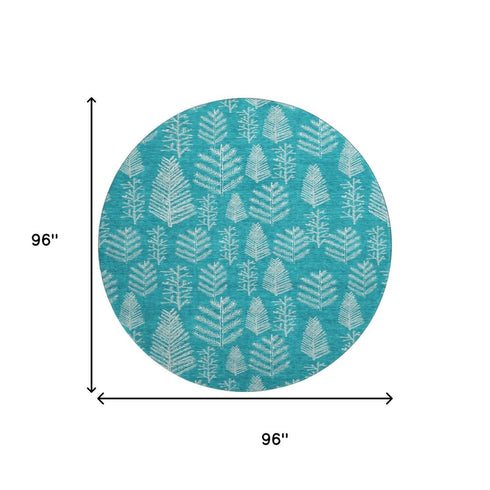 8' Teal And Ivory Floral Washable Round Rug With UV Protection
